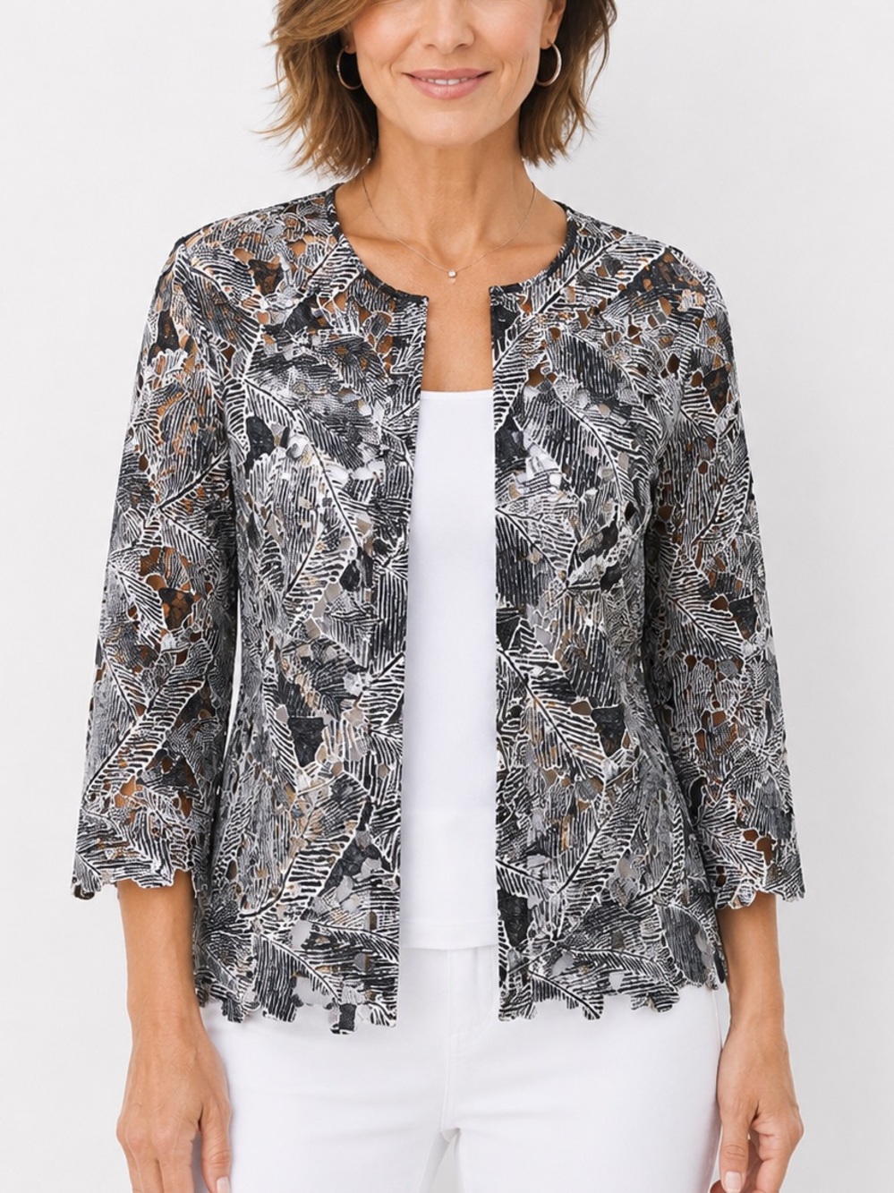 Chico’s Size 0 Black White Tropical Leaf Cutout Lace Cardigan‎ Open Front Resort
